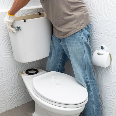 man installing toilet