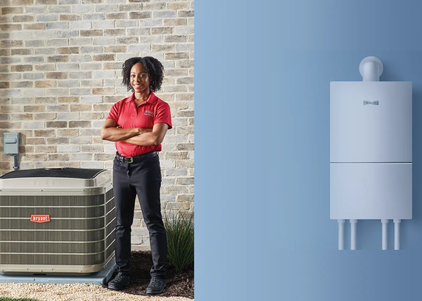 hvac technician standing next to bryant product and boiler